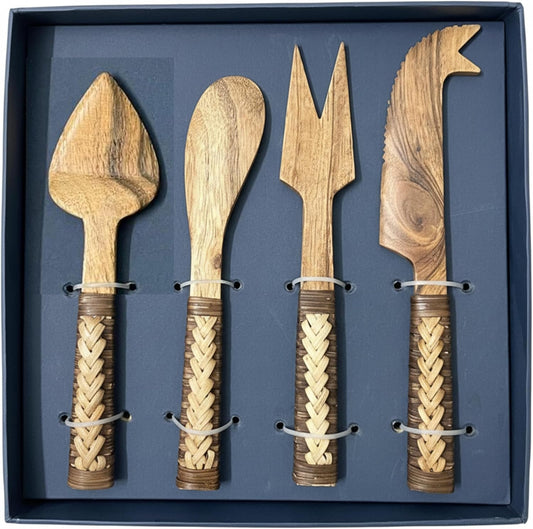 Natural Wooden Cheese Knife Set – 4 Piece Handmade Cheese Tools with Bamboo Handle | Eco-Friendly Cheese Cutter Set for Charcuterie Board, Cheese Serving & Dessert | Sustainable Kitchen Gift