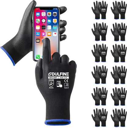 DULFINE Safety Work Gloves PU Coated-12 Pairs,Red Seamless Knit Glove with Polyurethane Coated Smooth Grip on Palm & Fingers, for Men and Women, Ideal for General Duty Work (Large)