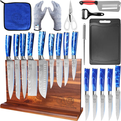 XYJ Kitchen Knife Block Set,Stainless Steel Knives Set with Magnetic Knife Block,Scissors,Gloves,Honing Steel,Japanese Style Paring Boning Steak Slicing Santoku Chef Knives,Resin Handle