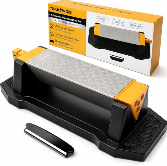 TOOMAYS Sharpening Stone 3 Side Grit 400/1000/8000, Premium Industrial Diamond & Ceramic, Knife Sharpener Stone with Angle Guide and Non-Slip Base (3 Side Grit 400/1000/8000)