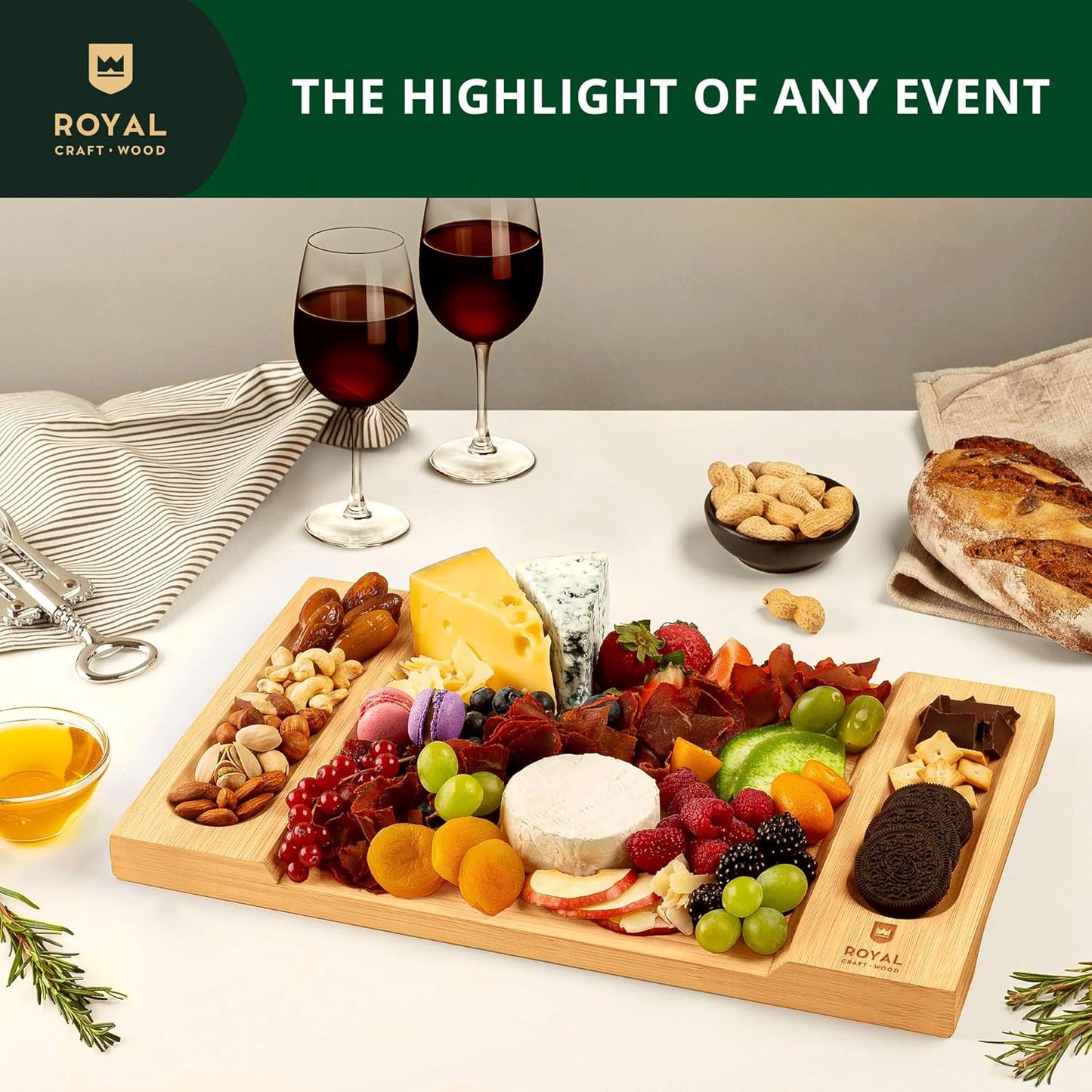 ROYAL CRAFT WOOD Extra Large Cheese Board - Bamboo Cheese Board and Knife Set - Charcuterie Board Set, Charcuterie Platter & Serving Tray