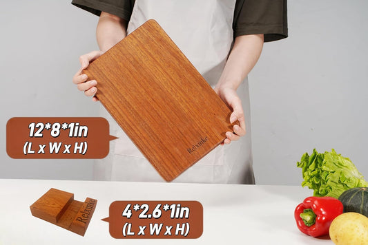 Solid Teak Wood Cutting Board Set One Piece Non Glued Large Thick Crack Resistant Wooden Chopping Board with DeepJuice Grooves Built in Handles for Kitchen Meat Vegetable 13x8.7IN&10.2X6.3IN