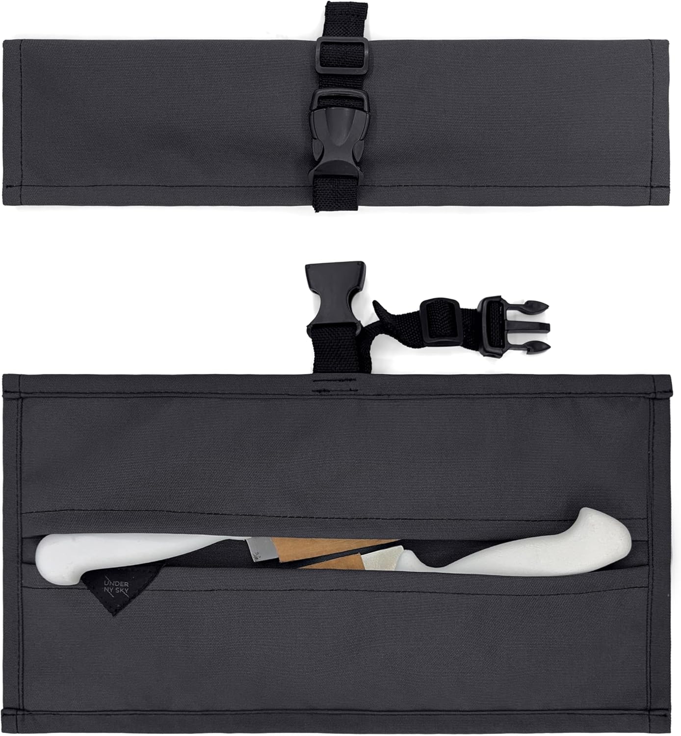 Under NY Sky Knife Roll Case - 6 Slots - Heavy Duty Oxford Canvas Pouch - Leather Reinforced - Portable Bag for Cooking Tools, Utensils, Cutlery Knives, Brushes - Chefs, Kitchen, Travel, Gift - Black