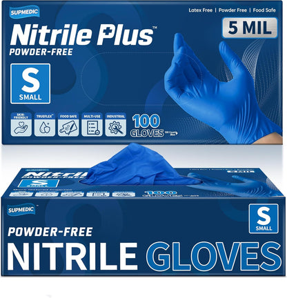 Supmedic Disposable Nitrile Gloves, 5Mil Chemical Resistant Powder-Free Latex-Free Glove Exam Cook Tattoo, Black Blue 100Pcs