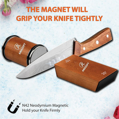 Knife Sharpener Tool, Rolling Knife Sharpener Kit, Knife Sharpening with Diamonds and Ceramic for Steel of Any Hardness, Kitchen Knife Sharpener with Adjustable 15 & 20° Magnetic Angle Base