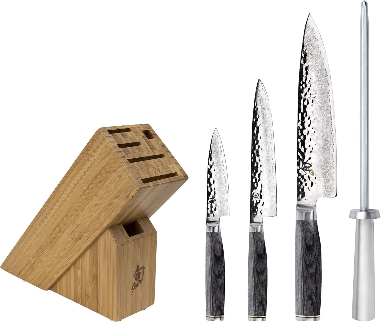 Shun Premier 8 Piece Professional Block Set, Features 6 Shun Premier Knives, Honing Steel and 11-Slot Bamboo Knife Block, Handcrafted Japanese Knife Set, Pakkawood Handles