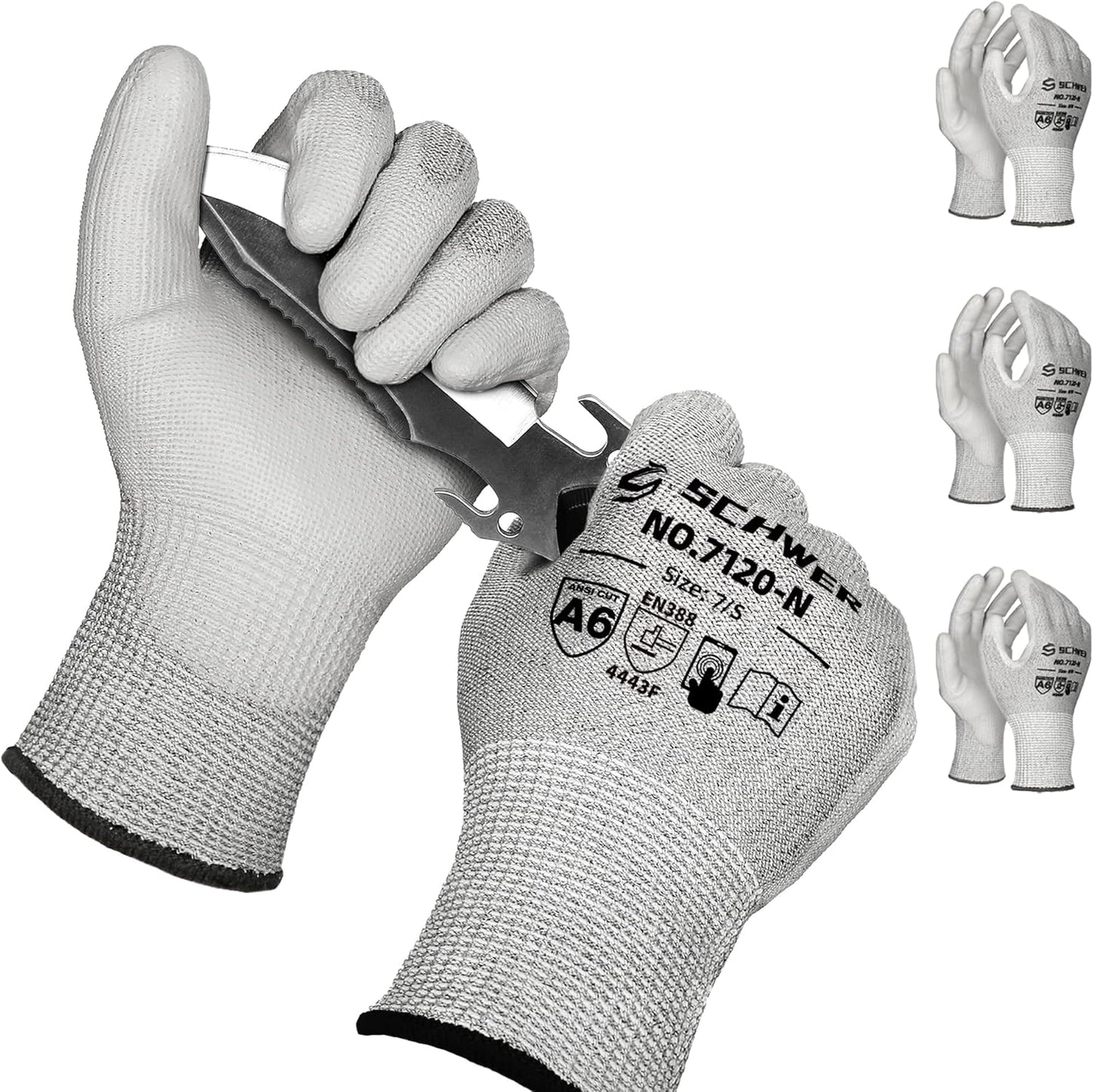 Schwer 3 Pairs Cut Resistant Gloves ANSI A6/A7 (Send Randomly) CR7120 Cut Proof Work Gloves, Touchscreen, for Men and Women Used for Woodworking, Glass Cutting, Construction, Car Repair, XS