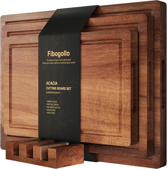 Fibogollo Acacia Wood Cutting Boards for Kitchen(Set of 3),Wooden Chopping Boards Set with Juice Groove,Serving Board with Holder,Butcher Block for Meat,Vegetables,Fruit