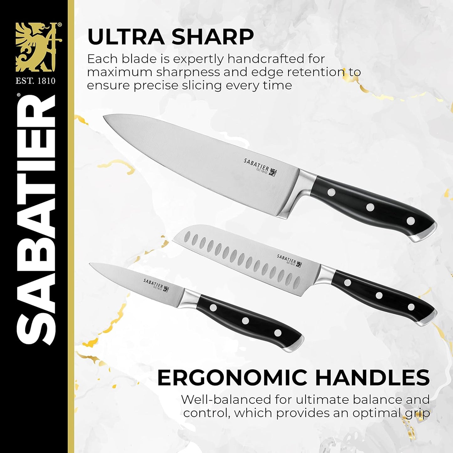Sabatier 15-Piece Forged Triple Rivet Knife Block Set, High-Carbon Stainless Steel Kitchen Knives, Razor-Sharp Knife set with Acacia Wood Block, White Handles