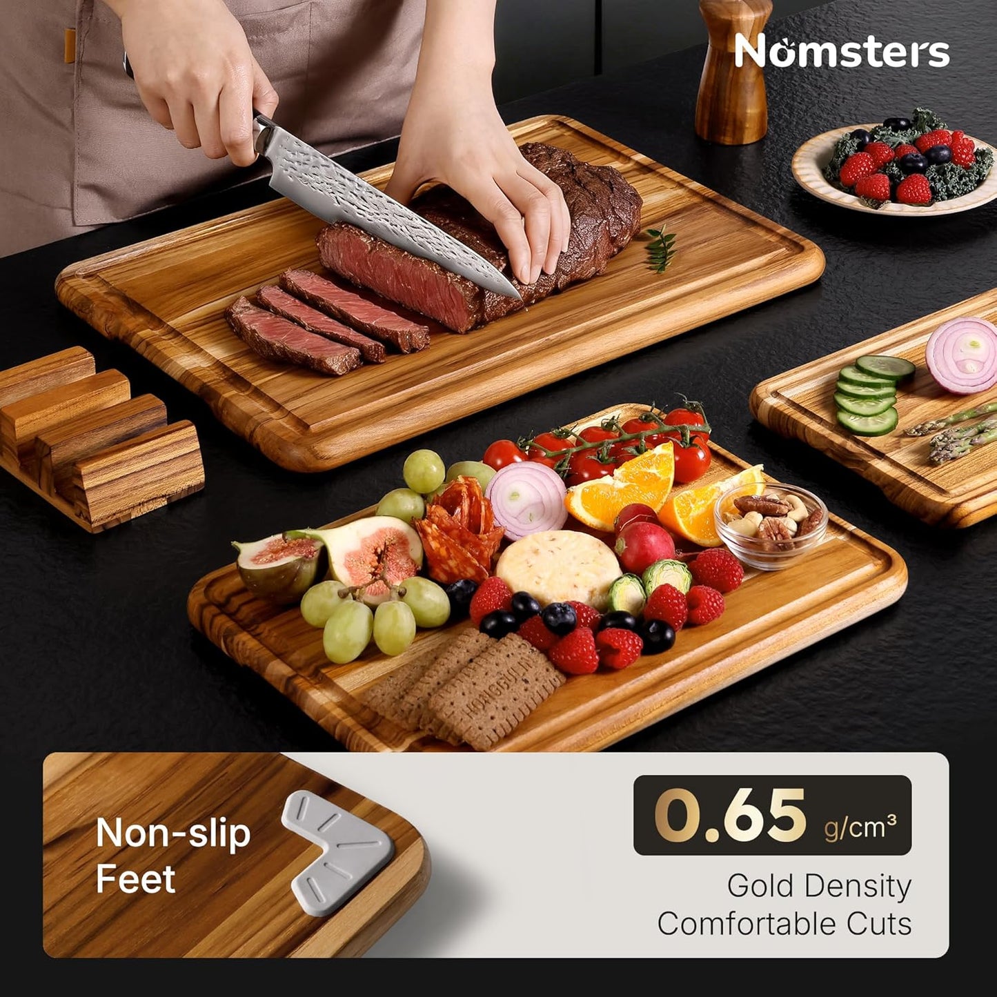 4 Pack Teak Cutting Board Set for Kitchen Heavy Duty Non Toxic Non Slip Solid Thick Wood Haus Chopping Board Extra Large Big Small Meat Best Wooden Charcuterie Board