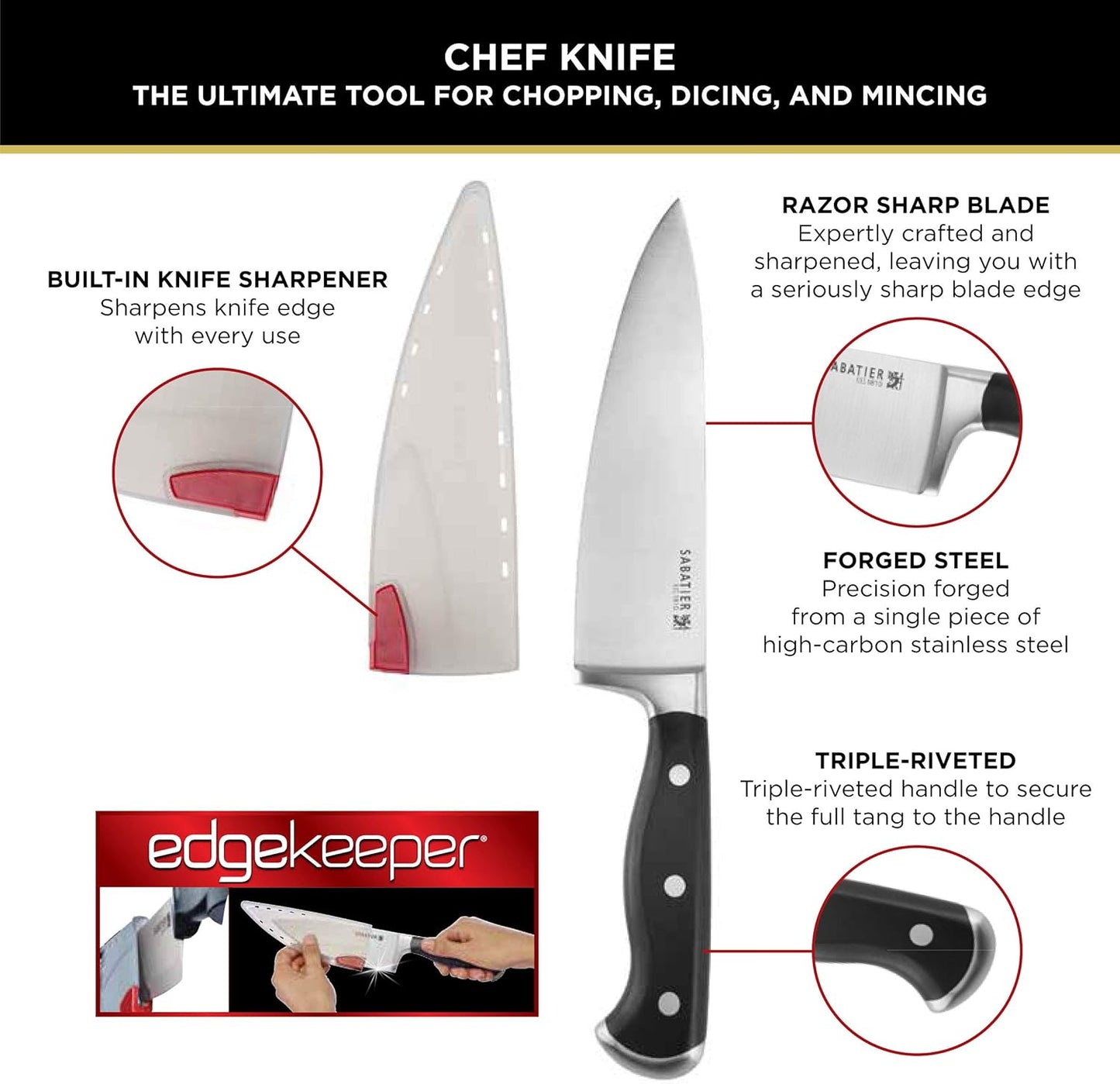 Sabatier Forged Stainless Steel Chef Knife with Edgekeeper Self-Sharpening Blade Cover, High-Carbon Stainless Steel Kitchen Knife, Razor-Sharp Knife to Cut Fruit, Vegetables and more, 8-Inch, Black