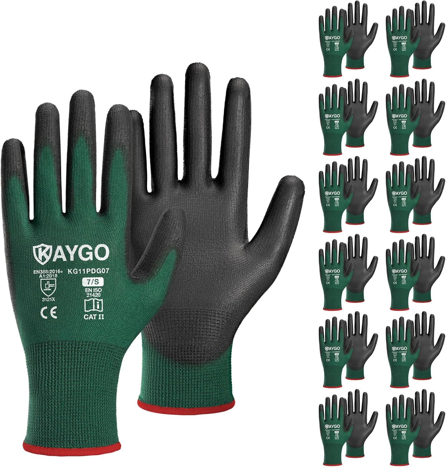 KAYGO Work Gloves for Men and Women,12 Pairs Seamless Knit PU Coated Safety Gloves, with Smooth Grip on Palm and Fingers, Ideal for Light Warehouse, Manufacturing, Gardening, KG11P (M, Black)