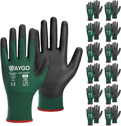 KAYGO Work Gloves for Men and Women,12 Pairs Seamless Knit PU Coated Safety Gloves, with Smooth Grip on Palm and Fingers, Ideal for Light Warehouse, Manufacturing, Gardening, KG11P (M, Black)