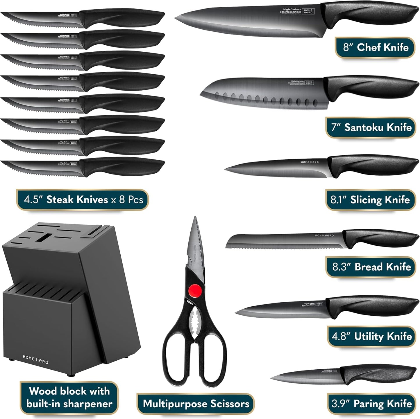 Home Hero Kitchen Knife Set - Wooden Knife Block Organizer - High Carbon Stainless Steel Blades - Ergonomic Handles with Built-In Sharpener & Kitchen Scissors - 16-Pc, Black