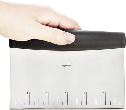 Amazon Basics Multi-Purpose Bench Scraper, Stainless Steel Dough Cutter with Measurement Marks, Dishwasher Safe, Non-slip Contoured Grip, 6", Black, Silver