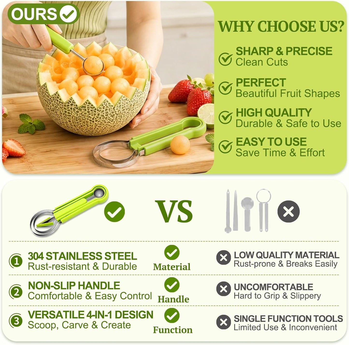 Suuker 4 in 1 Melon Baller Scoop Set, Stainless Steel Fruit Cutters Shapes, Watermelon Scooper and Baller, Fruit Carving Tools (Green)