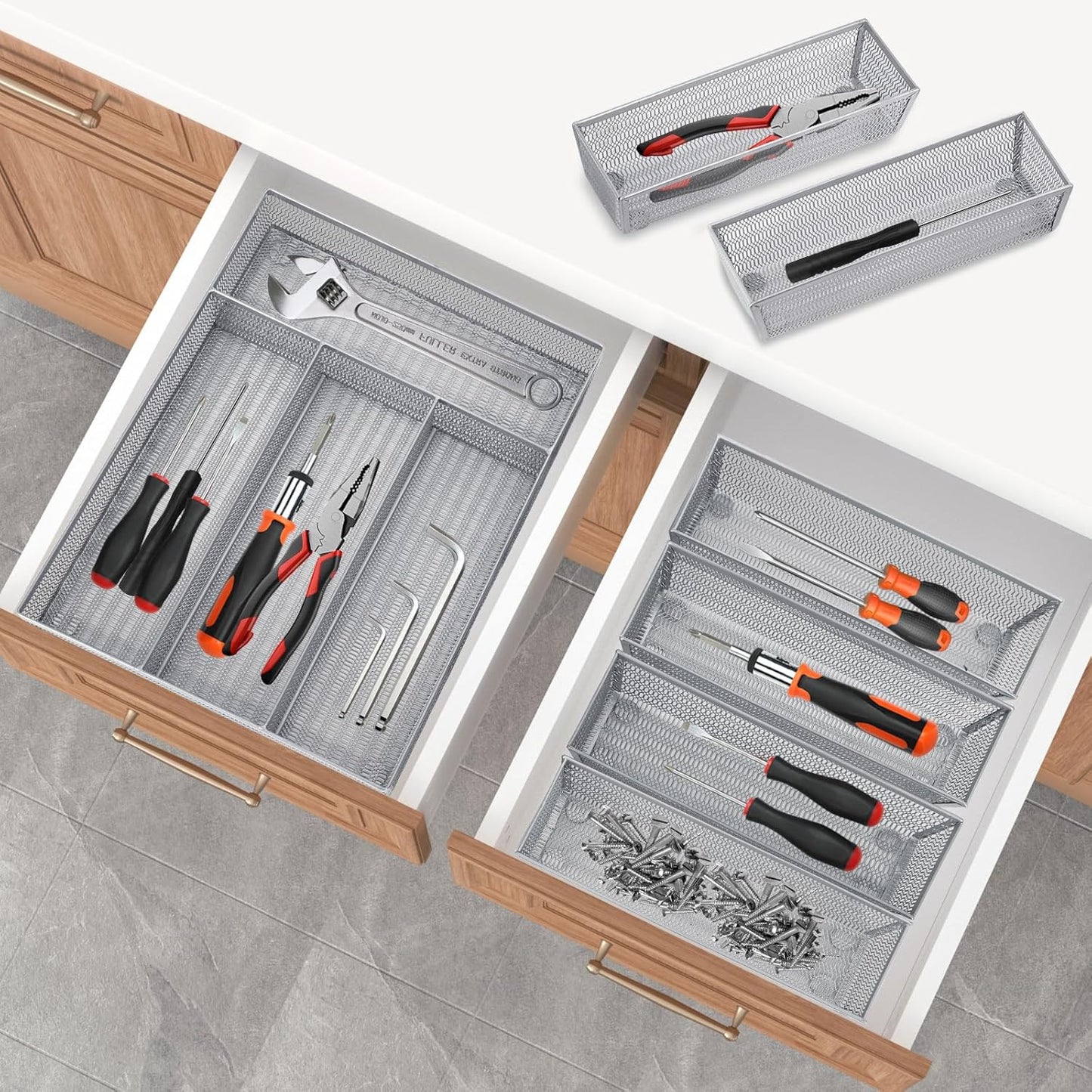 Neudeco Silverware Organizer,Mesh Drawer Organizer for Kitchen，Metal Utensil Organizer for Flatware, Knives, Spoons,Cosmetic (Silver 9 * 3 * 2 inch Pack6)