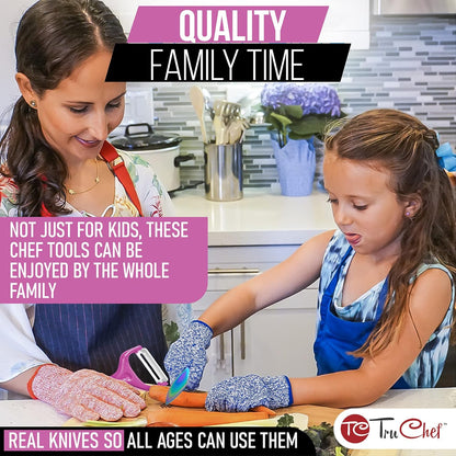 TruChef 5-Piece Kids Cooking Chef Knife Set | Real Stainless Steel Knives with Peeler, Serrated Knife & Holder | Kids Safe Rounded Tips, Easy-Grip Handles | Kitchen Knife Set (5 pcs, Aqua)