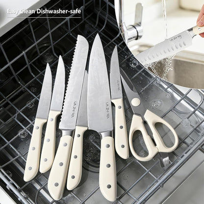 14-Piece Kitchen Knife Set with Detachable Block, High Carbon Stainless Steel Dishwasher Safe Knives, Includes Chef, Santoku, Bread, Steak Knives for Home Kitchen,White