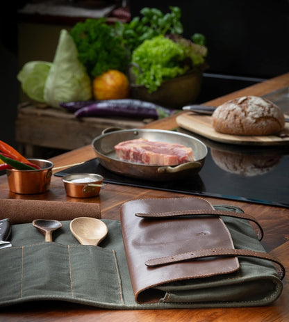 Angus Stoke XXL knife bag with 16 slots & plenty of space - multifunctional bag & tool bag made of canvas & leather - knives roll bag for chefs Marc (Olive-green)