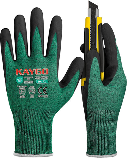 KAYGO 3 Pairs Cut Resistant Gloves, Safety Work Gloves KG18NCG,MicroFoam Nitrile Coating for Construction Automotive Warehouse