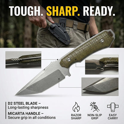 Compact Fixed Blade EDC Knife, D2 Steel Blade, Ultra Lightweight 3.6 oz, 3.5 in Full Tang Outdoor Utility Tool with Carbon Fiber Handle & Kydex Sheath for Camping Hiking Everyday Carry
