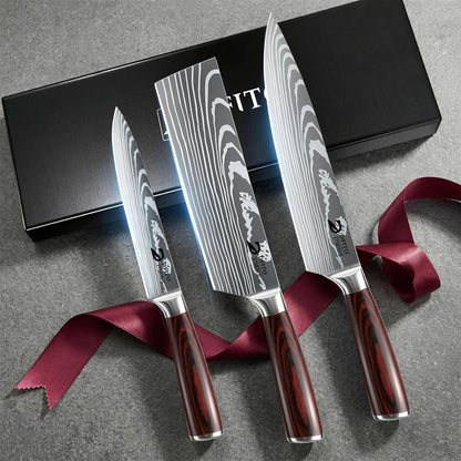 Dfito Kitchen Knife Set, 3 Pieces High Carbon Stainless Steel Chef Knife Set with Red Pakkawood Handle, Ultra Sharp Professional Chef Knives Sets for Home Cooking, Dishwasher Safe