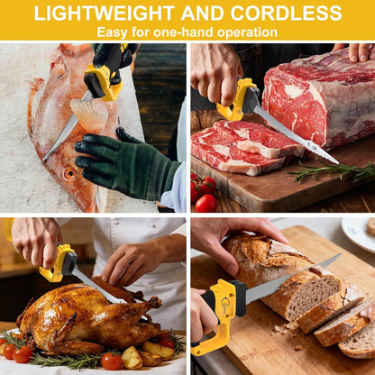 Electric Fillet Knife for Fish - Rechargeable Cordless Electric Knife With Non-Slip Grip Handle & 4 Ti-Nitride S.S. Coated Non-Stick Blades, 2 Batteriess Charger and Case For Fishing