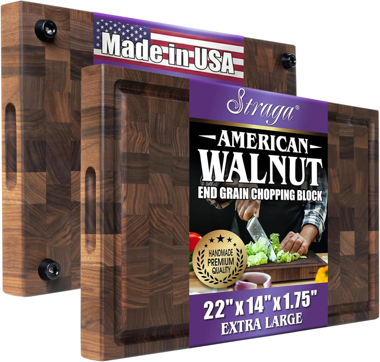 Straga Handmade Reversible End Grain Mahogany Heavy-Duty Chopping Block with Non-Slip Feet, Deep Juice Groove, Built-in Handles - Ideal for Cutting Meat, Cheese, Vegetables (12" x 9", Mahogany)