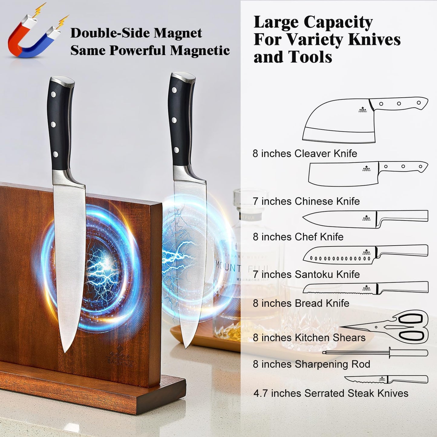 ENOKING Extra Large Magnetic Knife Block, 15.2-In Acacia Wood Knife Holder for Home Kitchen, Universal Knife Holder Stand with Strong Enhanced Magnets for Safe and Multifunctional Knife Storage