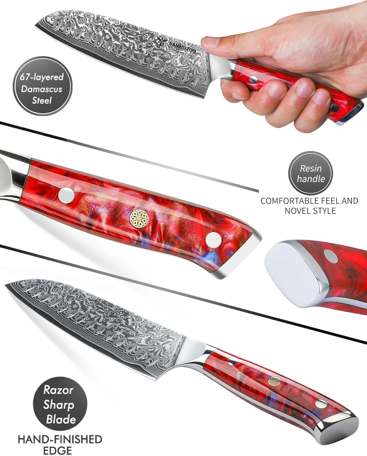 Santoku Knife - 7 inch - Xuan Series - VG10 Damascus Steel Kitchen Knife - Resin Handle (Fantasy Orange)
