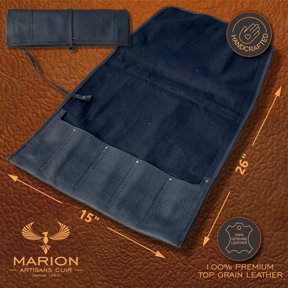 MARION - LA PETITE - Genuine Calf Top Grain Black Leather - Handcrafted Professional Chef's Knife Storage Roll Bag - 5 Pockets