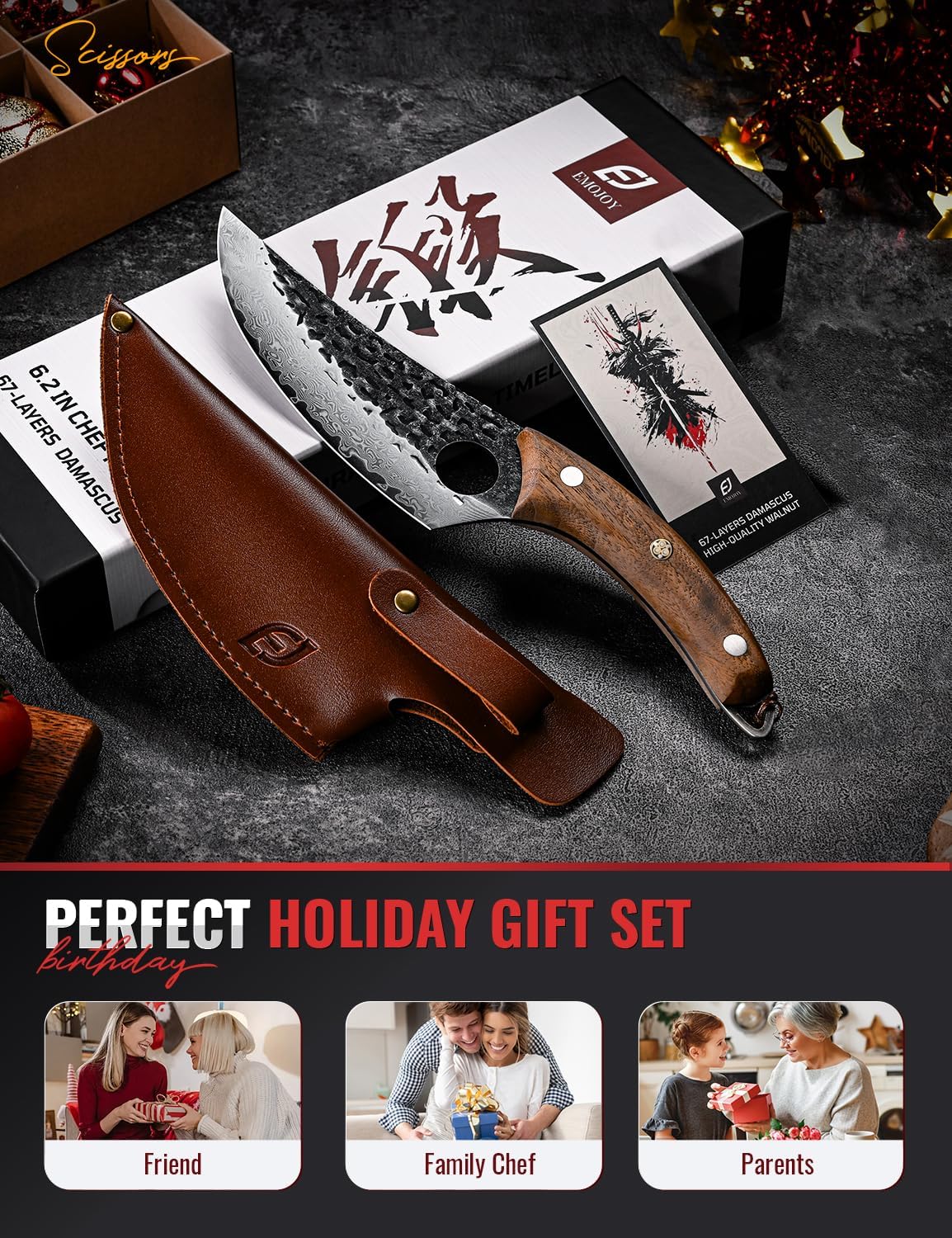 Emojoy Damascus Chef Knife, 67-Layer Damascus Steel Kitchen Knife with Black Hammered Finish, Japanese Knives for Home, Outdoor Cooking, BBQ, Include Gift Box, 6.3 Inch