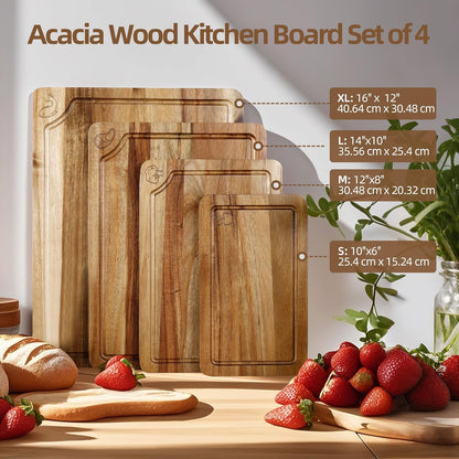 WILLKOMMEN 4-Piece Bamboo Cutting Boards for Kitchen, Chopping Board Set with Food Icon (Meat, Fish, Vegetables, Fruits) Butcher Block with Stands, Handles & Juice Grooves (Small, Medium, Large, XL)