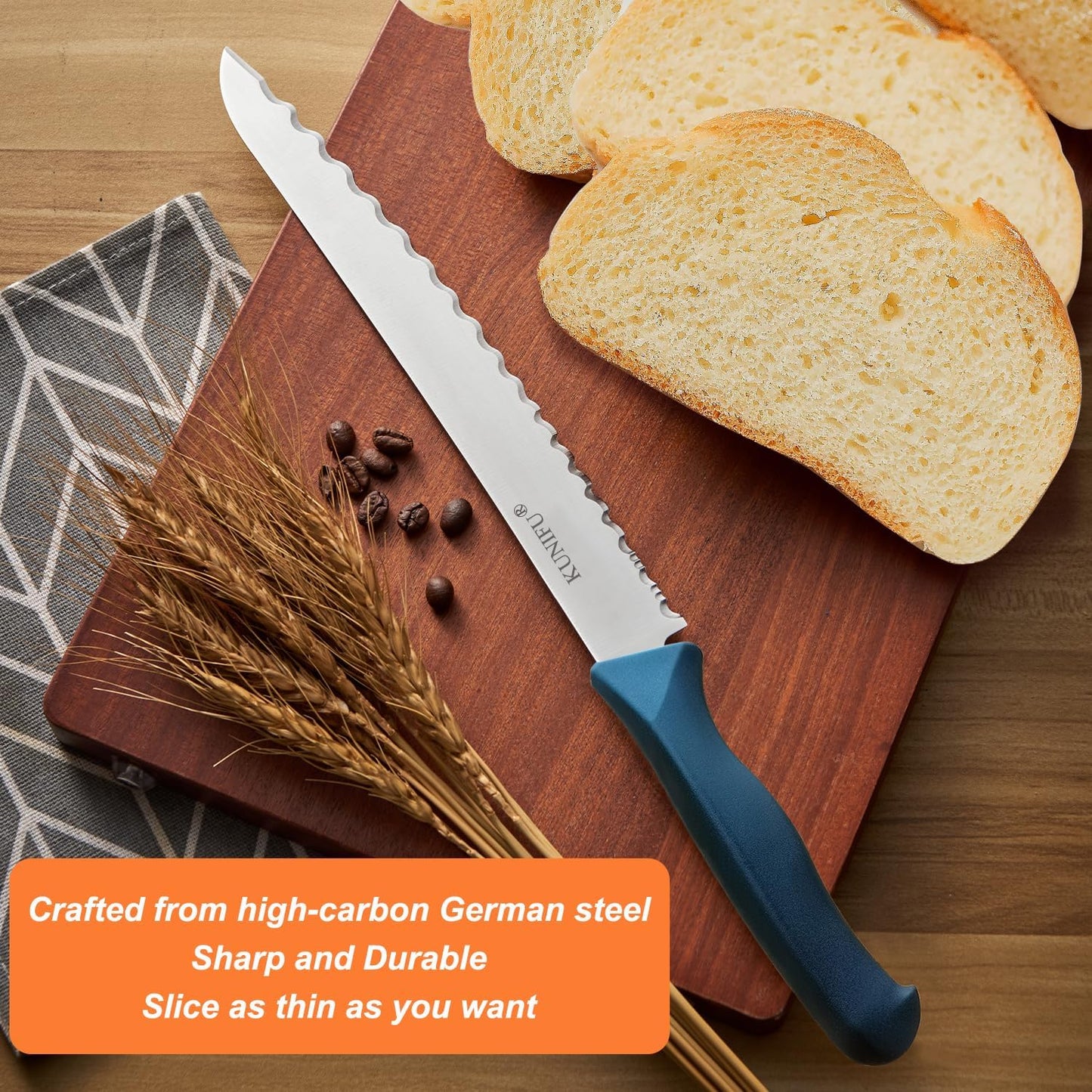 KUNIFU Bread Knife 9 Inch, Serrated Bread Slicing Knife with 5 Serration Types, Ultra Sharp High-Carbon Stainless Steel, Full Tang, Ergonomic Non-Slip Handle for Bread, Bagels, Cakes & Pastries