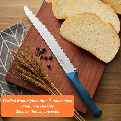 KUNIFU Bread Knife 9 Inch, Serrated Bread Slicing Knife with 5 Serration Types, Ultra Sharp High-Carbon Stainless Steel, Full Tang, Ergonomic Non-Slip Handle for Bread, Bagels, Cakes & Pastries