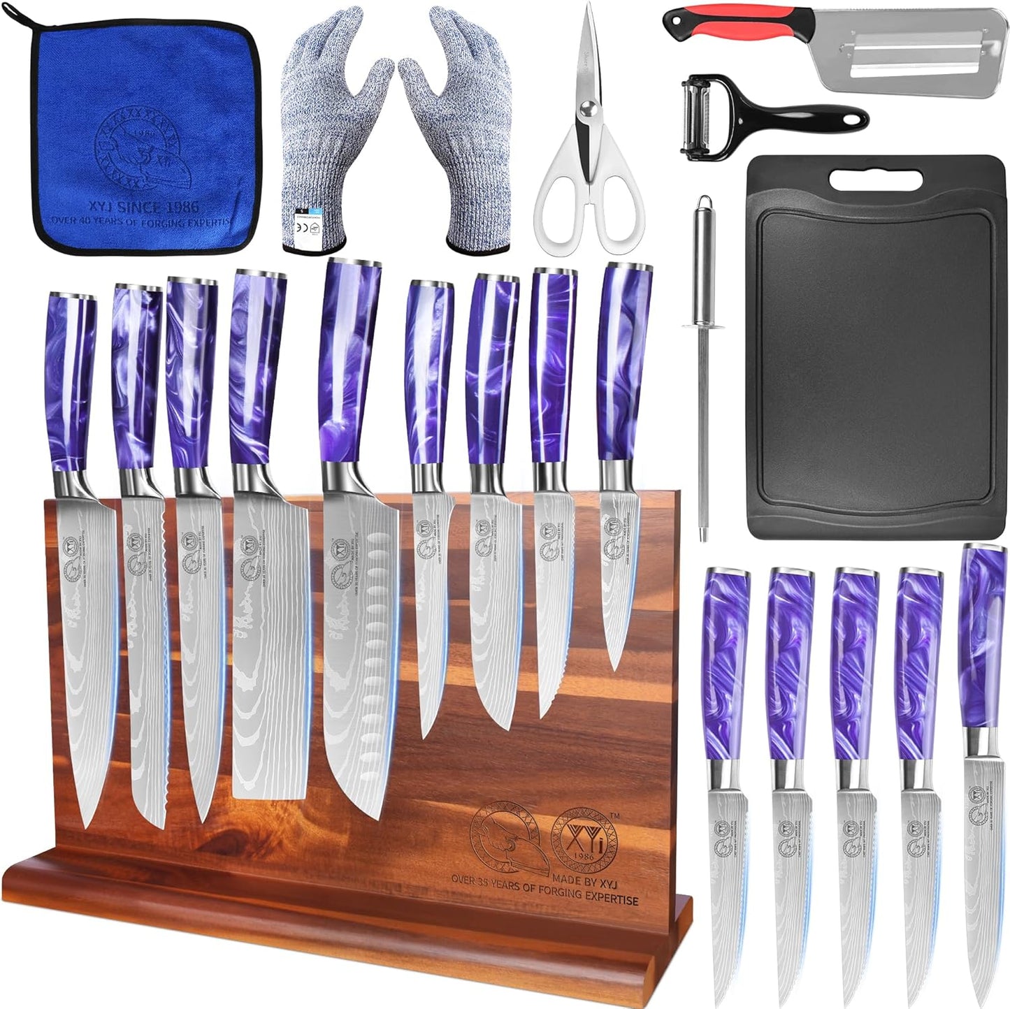 XYJ Kitchen Knife Block Set,Stainless Steel Knives Set with Magnetic Knife Block,Scissors,Gloves,Honing Steel,Japanese Style Paring Boning Steak Slicing Santoku Chef Knives,Resin Handle
