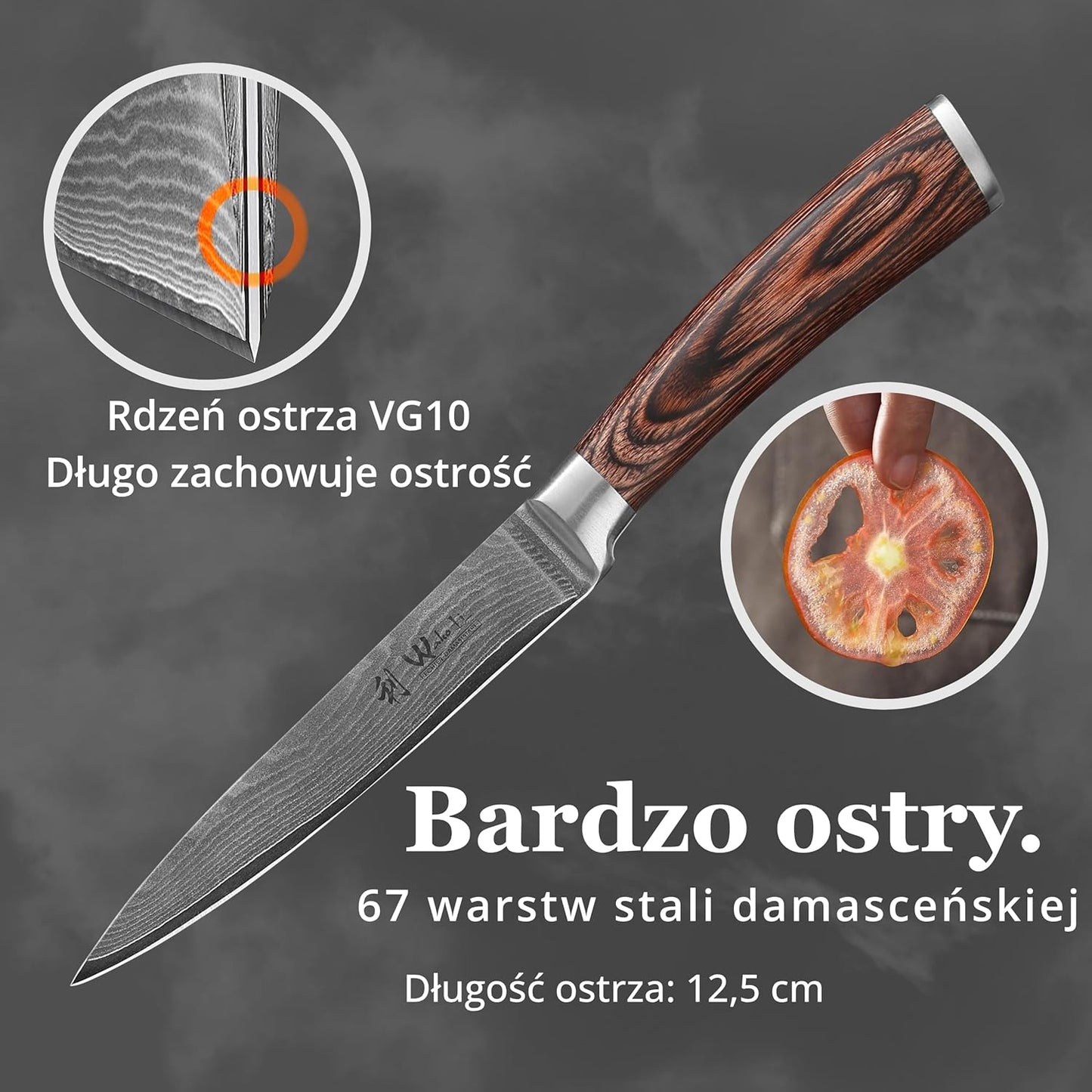 Wakoli EDIB Damascus Meat Knife – 7-Inch Japanese-Style Kitchen Knife for Meat, BBQ, and Roasts, 67-Layer Damascus Steel Blade with VG10 Core, Ergonomic Pakkawood Handle – Carving Knife in Gift Box