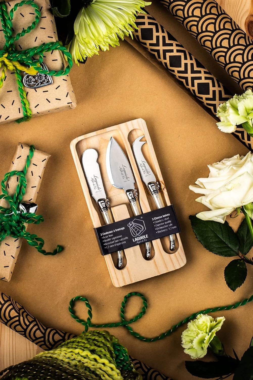 Laguiole Style de Vie Cheese Knife Set - Premium Line Cheese Knives Set with Charcuterie Board - Dishwasher Safe - Premium Tableware