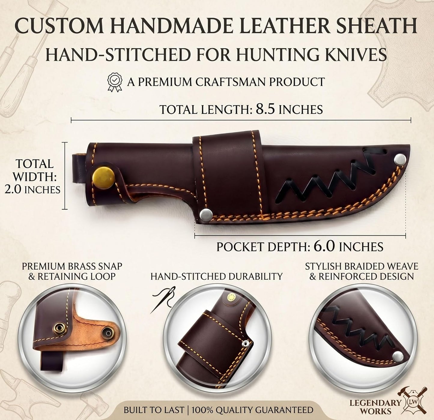 Custom Leather Sheath Tooled Leather Sheath/Hunting Knife Sheath Universal Knife Sheath, Sheath Fit up to 6.0" Blade 100% Real Laether (Dark Brown)