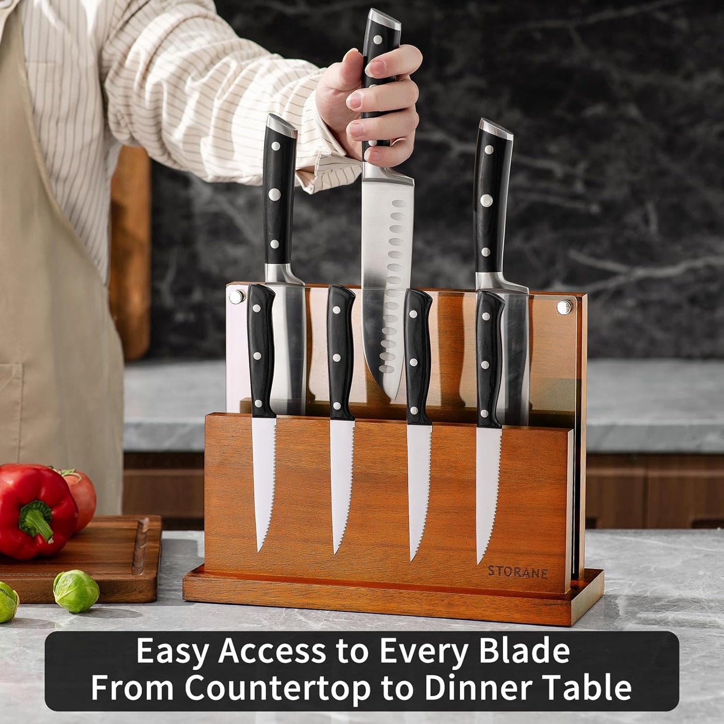 Magnetic Knife Block Acacia Wood -Double Sided Magnetic Knife Holder Rack for Kitchen Counter -Universal Knife Block Without Knives Wooden Multifunctional Storage Fully Assembled