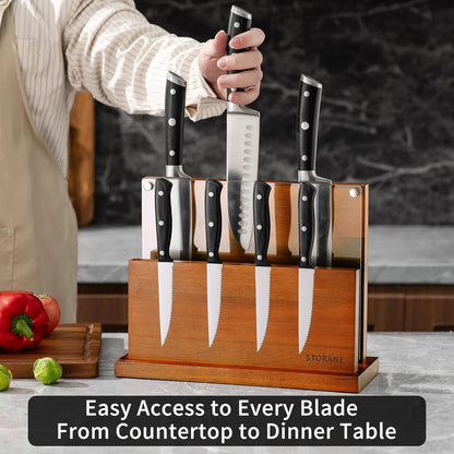 Magnetic Knife Block Acacia Wood -Double Sided Magnetic Knife Holder Rack for Kitchen Counter -Universal Knife Block Without Knives Wooden Multifunctional Storage Fully Assembled