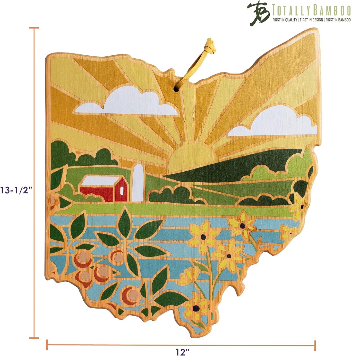 Totally Bamboo North Carolina State Shaped Cutting Board and Charcuterie Serving Platter with Artwork by Summer Stokes, Includes Hang Tie for Wall Display 18" x 8" x 5/8" - Colors B
