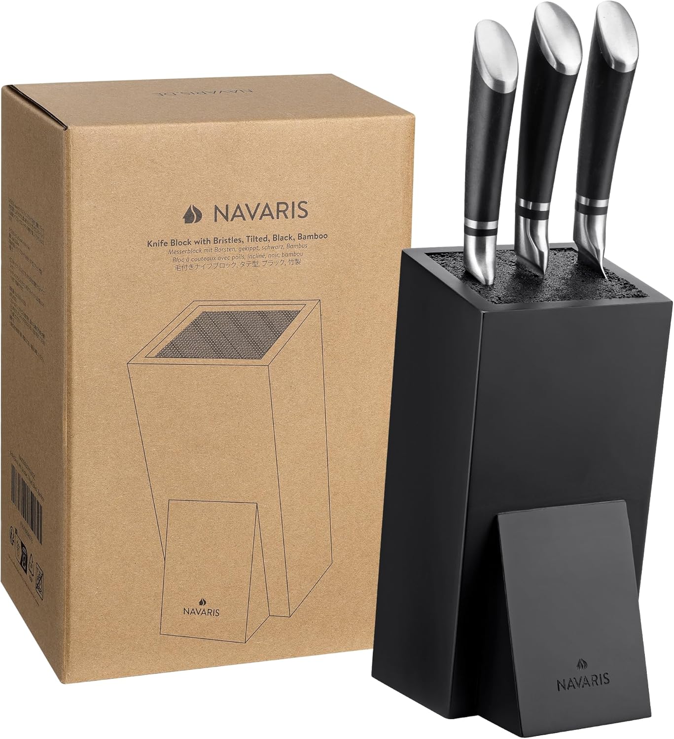 Navaris Universal Knife Block Holder - Rubber Wood Stand with Bristles to Fit Different Sizes of Knives - Angled Design, 9.8" x 5.9" x 4.1’" - Black