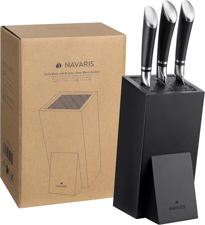 Navaris Universal Knife Block Holder - Rubber Wood Stand with Bristles to Fit Different Sizes of Knives - Angled Design, 9.8" x 5.9" x 4.1’" - Black