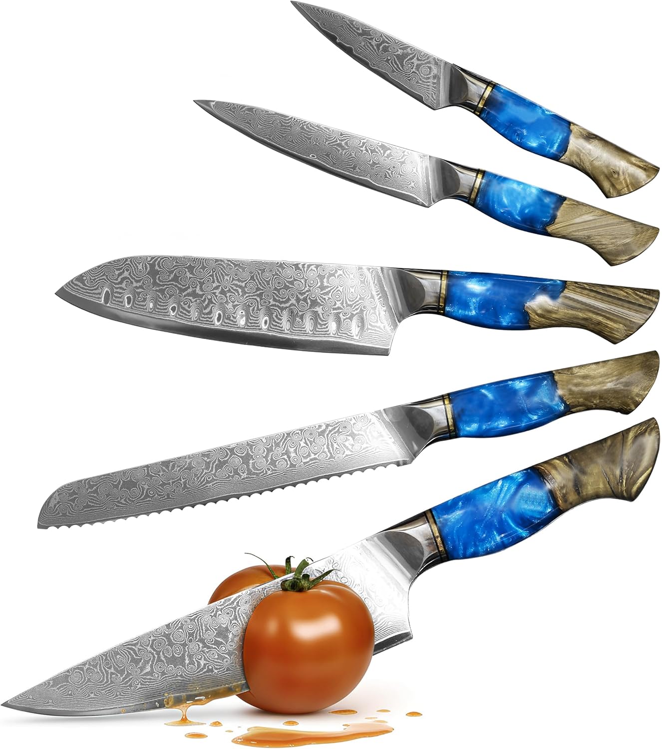 Damascus Kitchen Knife Set | 67-Layer Damascus Steel | Professional Japanese Chef Knife Set | Ergonomic Wood & Resin Handle | Gift Box Included (Black, 5-Piece Set)
