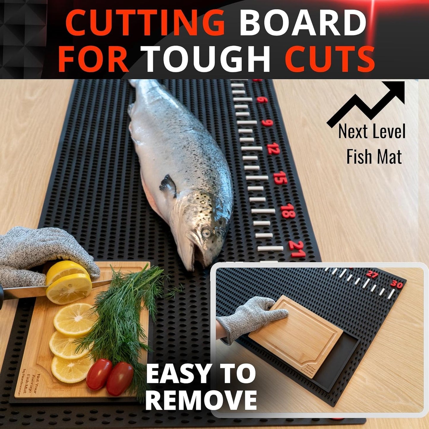 Fish Fillet Mat Kit with Fish Ruler Decal and Fillet Knife, Cutting Gloves. Large 28"x14" Nonslip Fish Cleaning Mat that Grips the Fish - Durable & Easy to Clean, Portable Fish Cutting Board