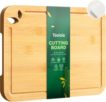 Bamboo Cutting Boards for Kitchen with Holder & Silicone Mat, Lightweight & Knife-Friendly Wood Cutting Board Set with Side Handles and Juice Grooves, Natural