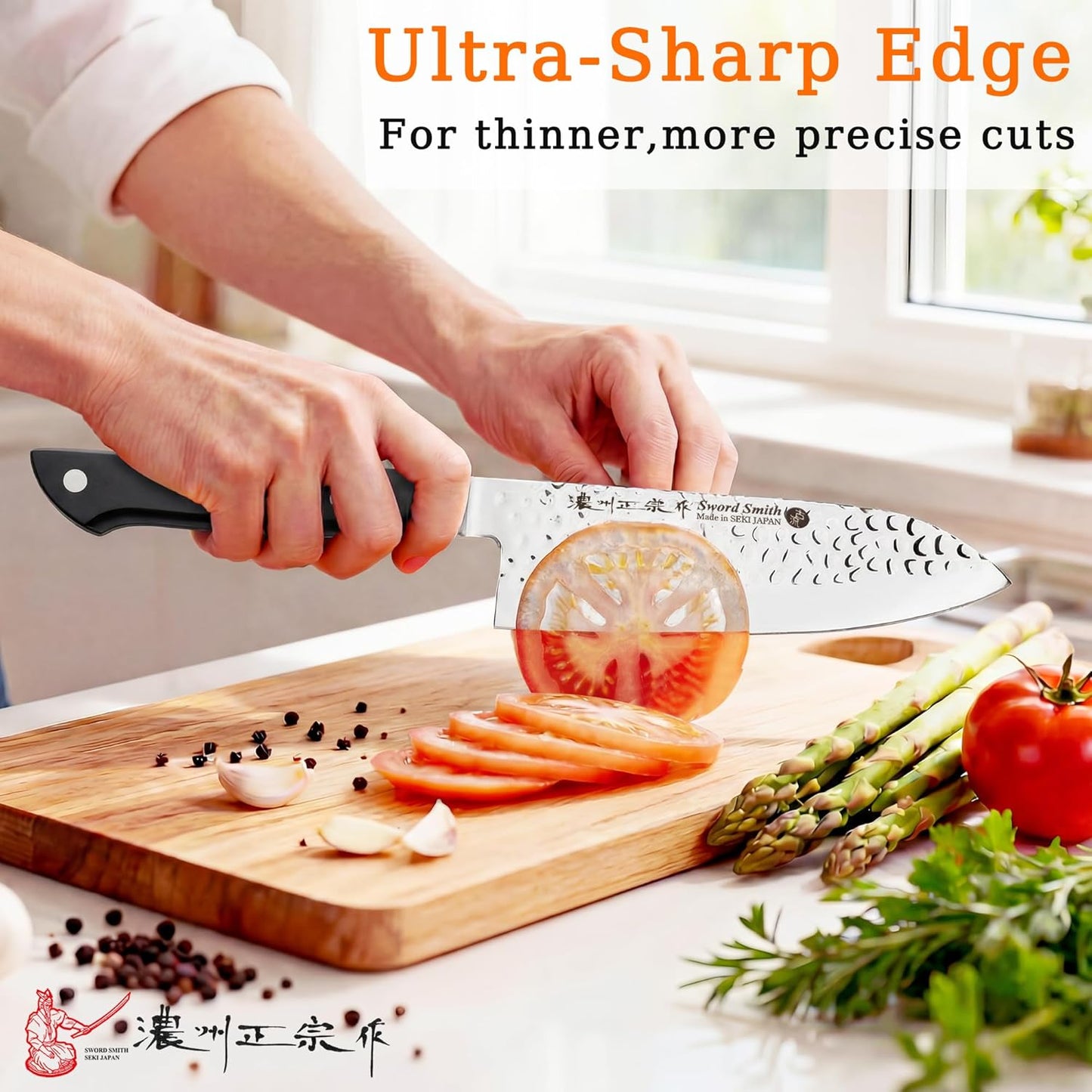8 Inch Japanese Chef Knife, Made in Japan, Full Tang High Carbon Molybdenum Stainless Steel Gyuto Knife with Hammered Finish for Rock Chopping Meat, Fish and Vegetables