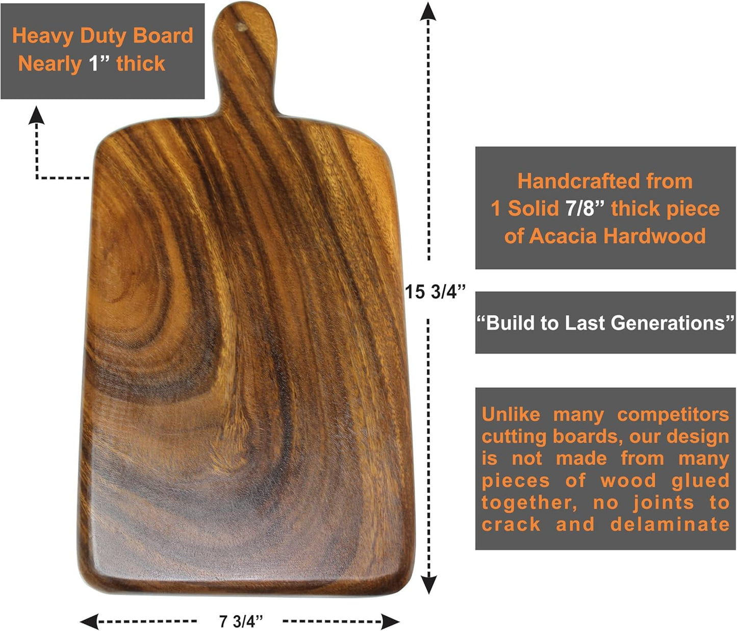 Acacia Wood Cutting Board with Handle, Single Piece Solid Wood, Double Sided Charcuterie and Bread Board, Small Knife Friendly Kitchen Prep Board, 15 x 8 Inch